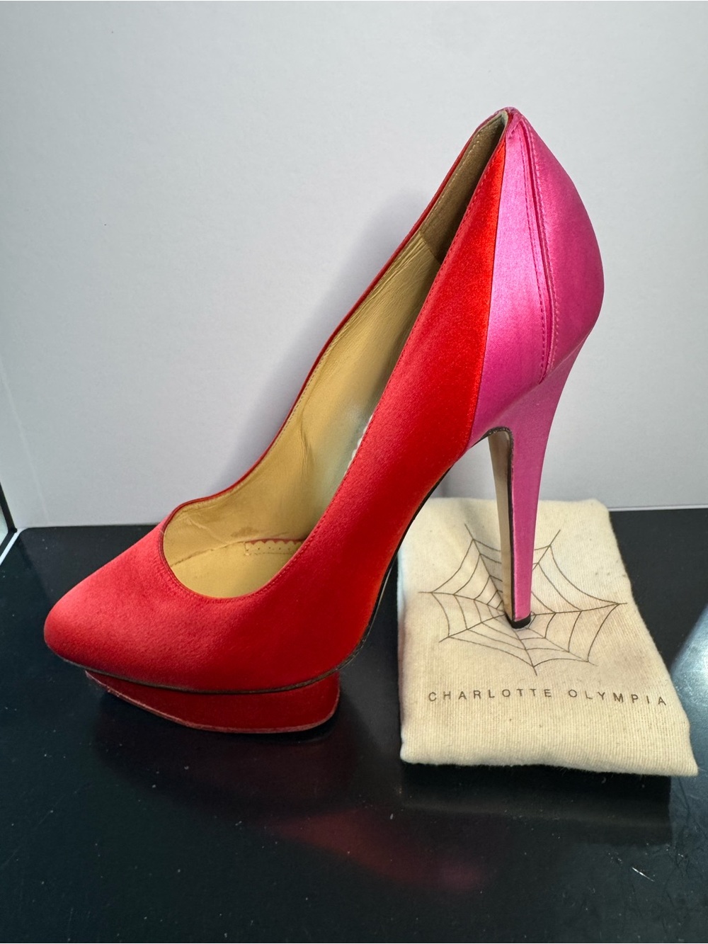 Charlotte Olympia Red & Pink Satin Platform Heels Pumps Stilettos, Size 38.5
